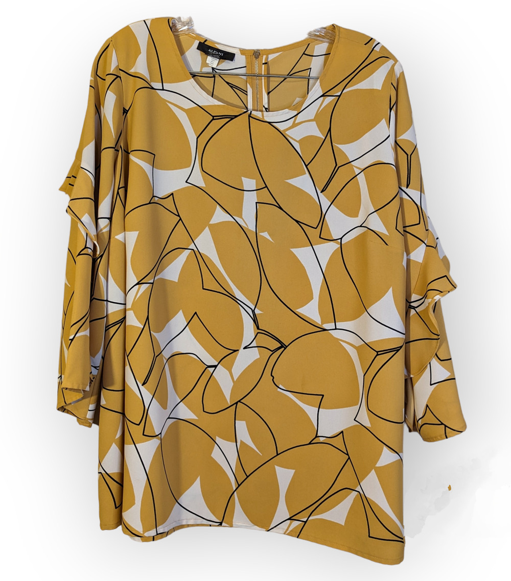 Alfani Woman Plus Yellow White 3/4 Ruffle Sleeve Leaf Pattern Blouse Top 2X